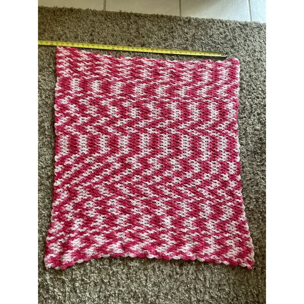 Handmade Crochet Baby Blanket Pink White Variegated Wave Pattern 34x34 Square